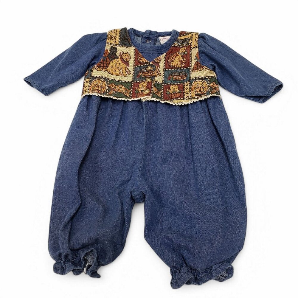 Buster Brown Girls Vintage Denim Romper Tapestry Vest Baby Size 3-6 Months